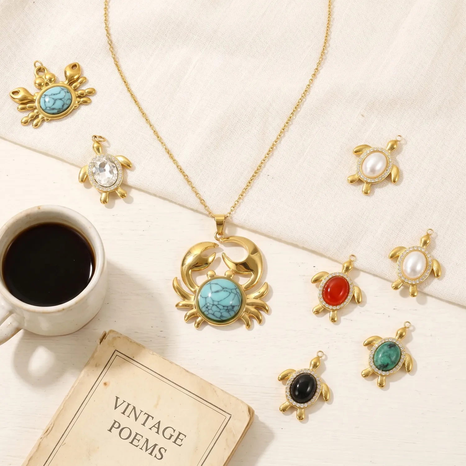 Authentic 1pc Stainless Steel Ocean Jewelry Charms 18K Gold Plated Crab Tortoise Animal Multicolor Stone Rhinestone Pendant DIY Necklace
