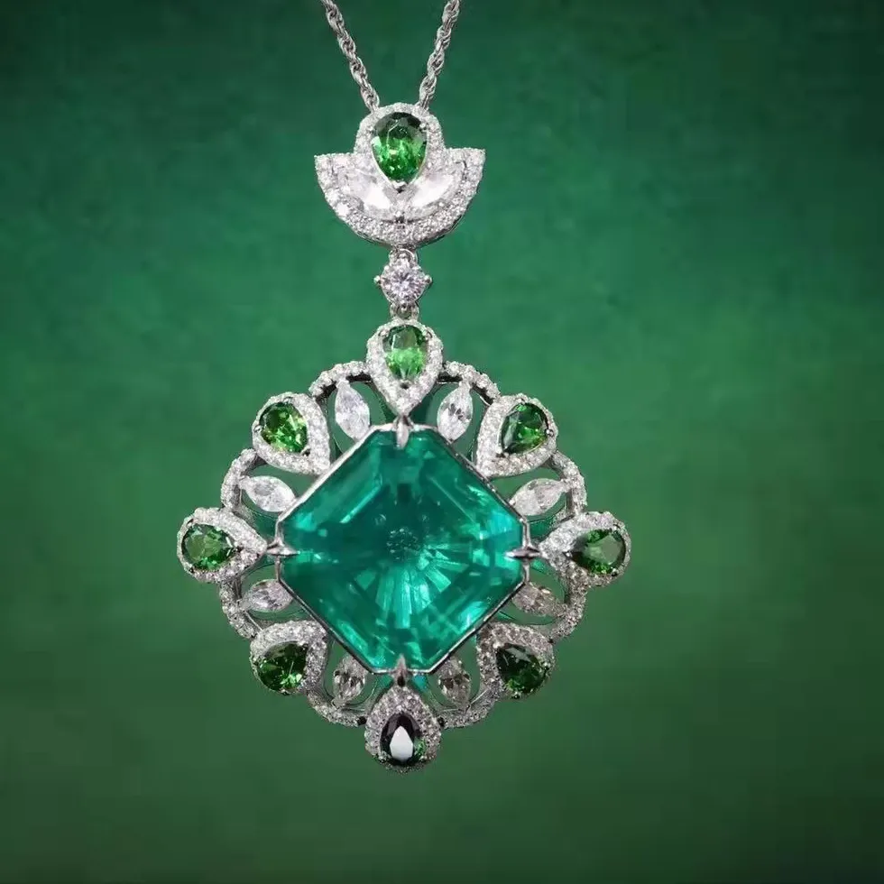 Authentic Live Full Diamond Pendant, Colorful Treasure Ring Stud Earrings, Haute Couture Jewelry Design Emerald Cut
