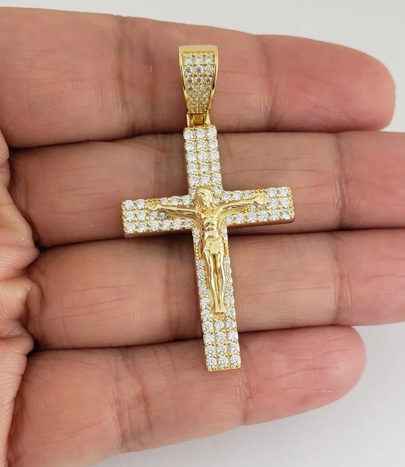 Authentic 14K Gold Plated 925 Silver Simulated Diamond Jesus Crucifix Cross Pendant
