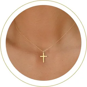 Authentic Cross Necklace for Women - 14K Gold Plated Gold Pendant Necklace, Dainty Simple