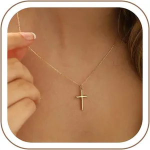 Authentic Gold Cross Necklace for Women Girls, 14K Gold Plated Layered Cross Necklace Tiny