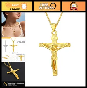 Authentic 18K Gold Plated Crucifix Cross Necklace for Men & Women - Stainless Steel Pendan