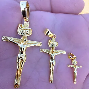 Authentic 14K Gold Plated Solid 925 Sterling Silver Cross Jesus Crucifix Pendant Necklace