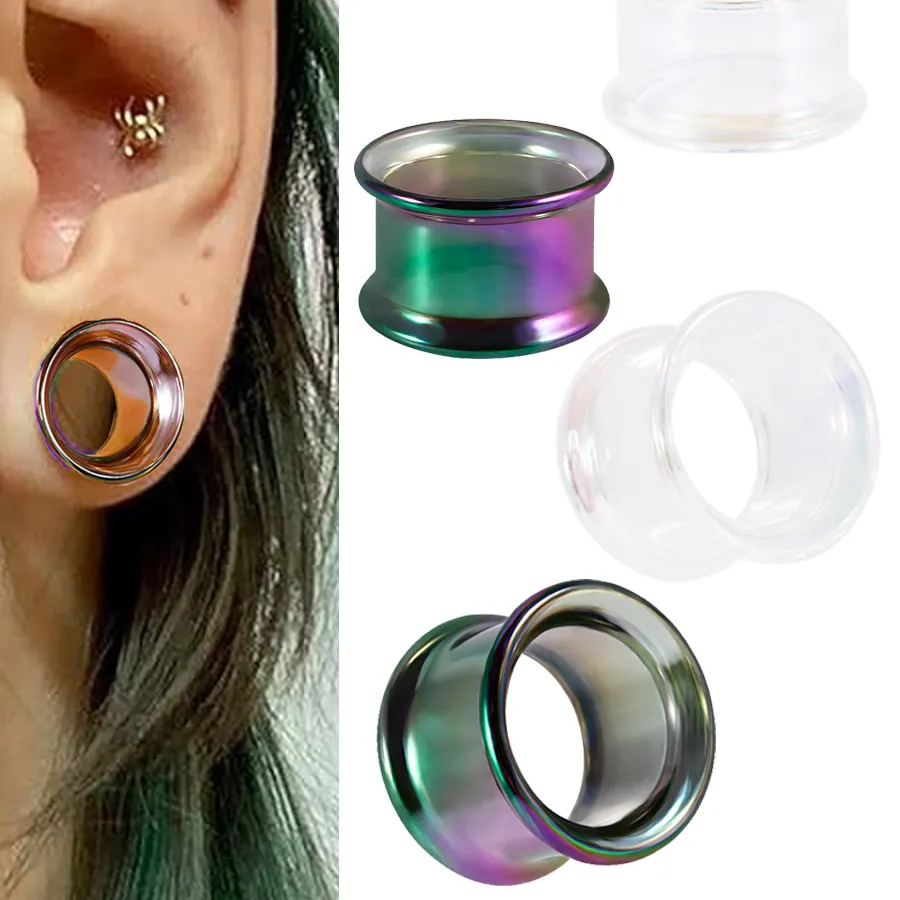 Authentic 2Pcs Glass Clear&Colorful Ear Plugs Earrings Hollow Gauges Tunnels Double Flared Expander Stretchers Ear Piecing Jewelry 6- 25Mm