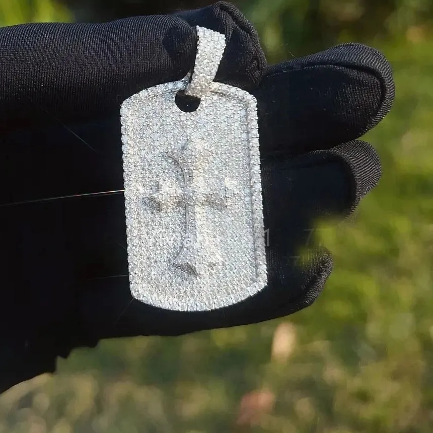 Authentic 3 Ct VVS1 Natural Moissanite Cross Dog Tag Pendant 14K White Gold Plated Silver
