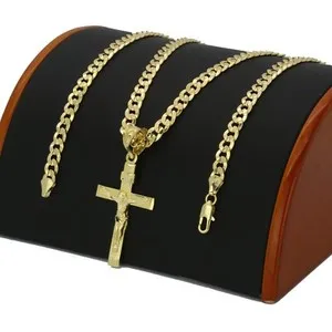 Authentic Mens 18k Gold Plated JESUS CROSS Hip-Hop Pendant 6mm Cuban Chain Necklace (S-4)