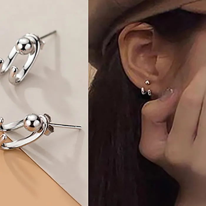 Authentic Double Line Hook Curved Ball Back Hang Post Stud Earrings Two In One Geometric Silver Color Brincos Jewelry