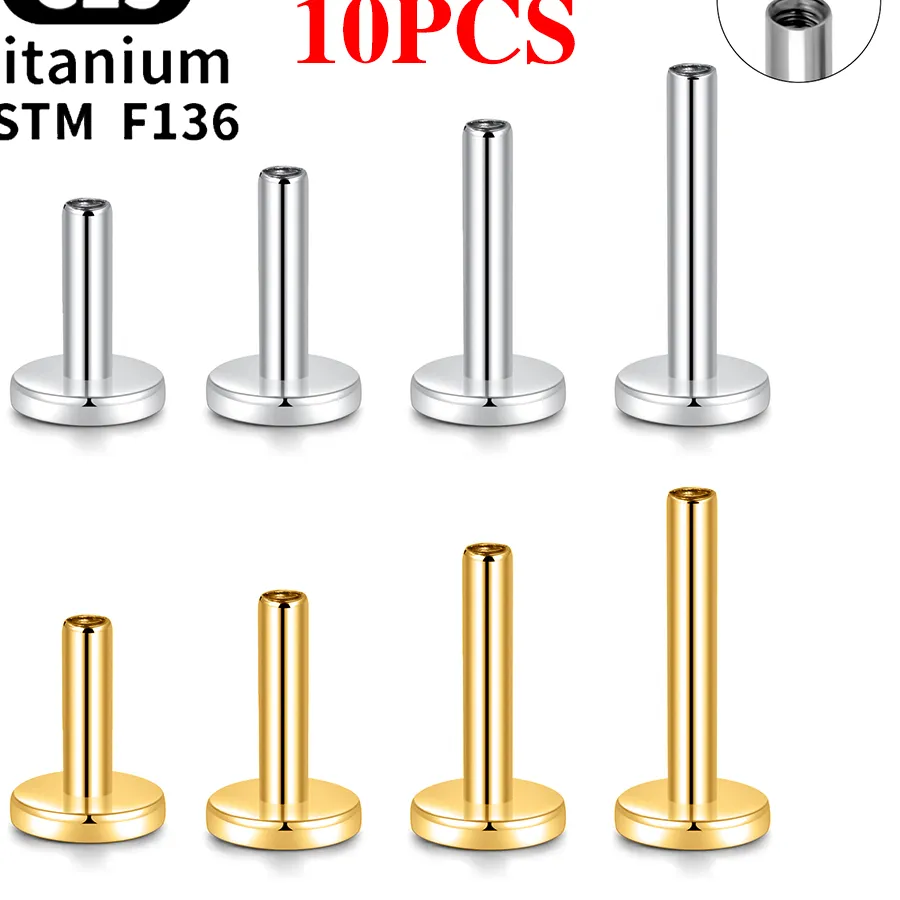 Authentic 10PCS G23 Titanium Piercing Internally Threaded Stud Earrings Rod Base 16G For Labret Lip Ear Body Piercing Jewelry Accessories
