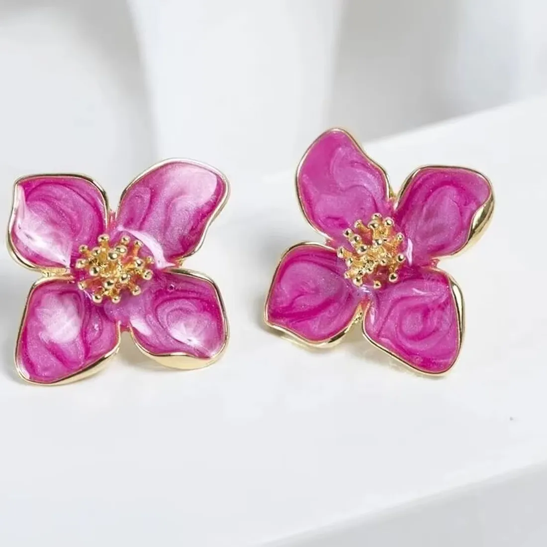 Authentic Fuchsia Epoxy Flower Earrings Stud Flowers Earring Post Spring Summer Girls Jewelrys