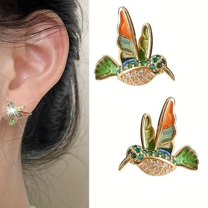 Authentic Gilded Hummingbird Enamel Talisman Earrings with Clear Zircon