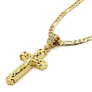Authentic 14k Gold Plated Jesus Sharp Cross Pendant 24" Figaro Chain Iced Cubic Zirconia