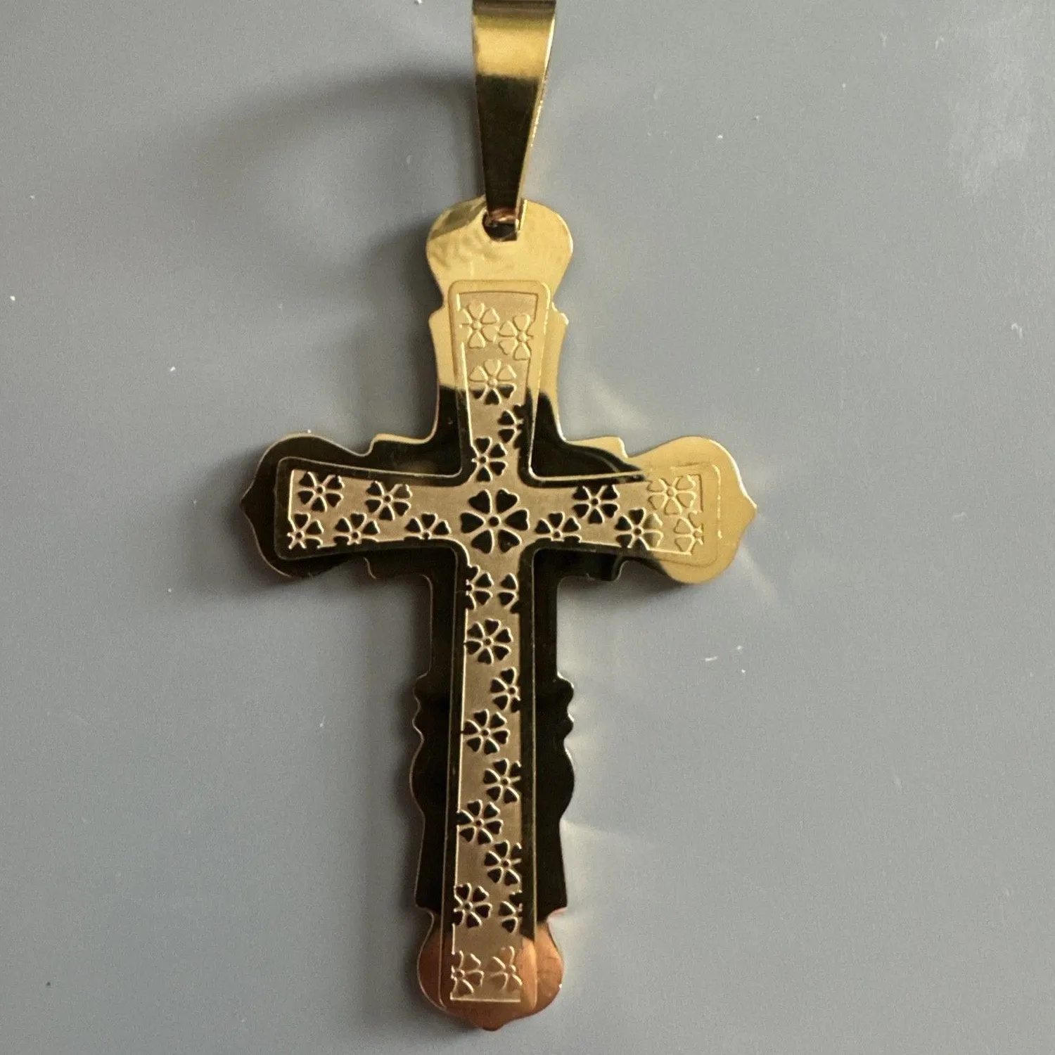 Authentic Gold Plated Double Cross Pendant 24' Necklace Jesus Gift Unisex Stainless Steel