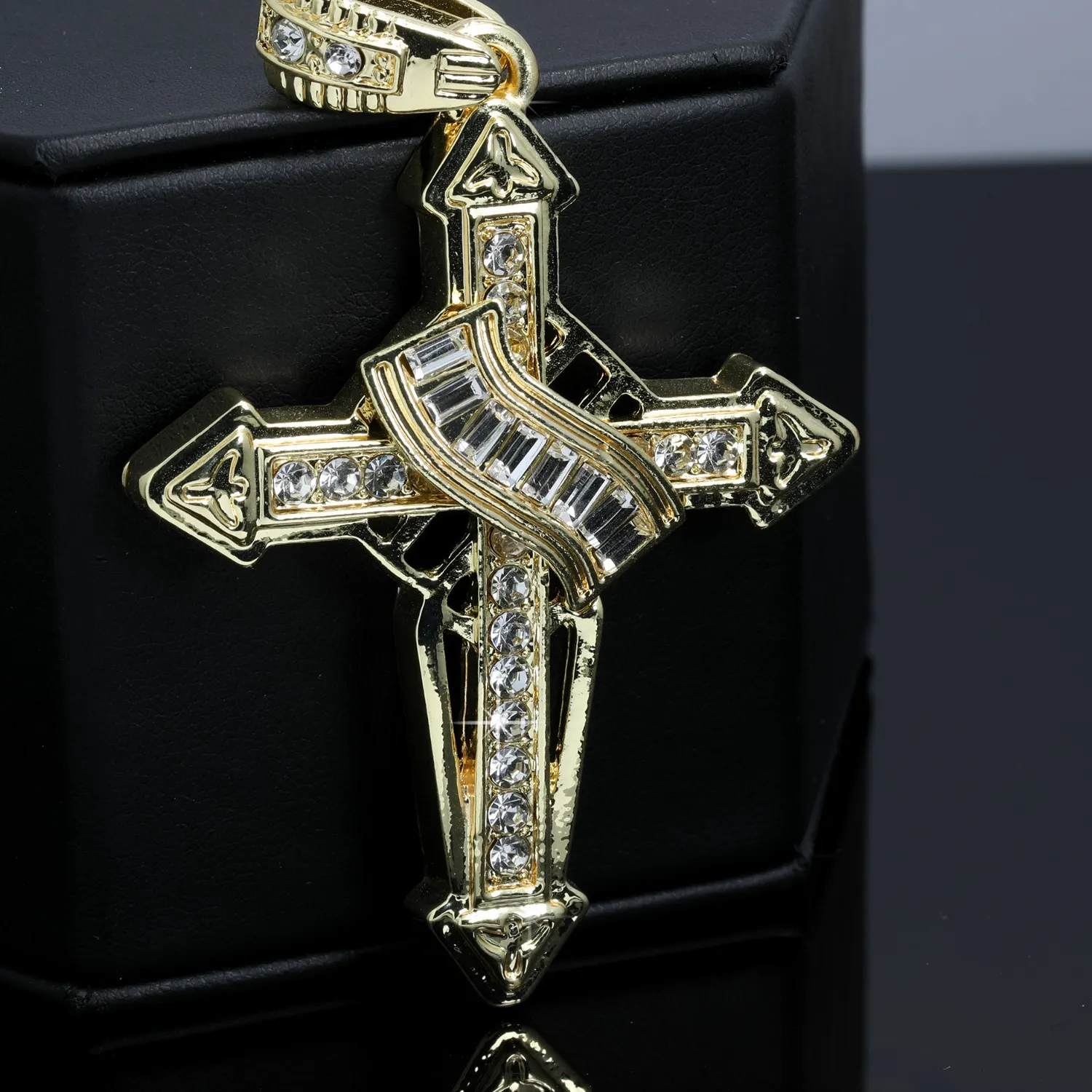 Authentic Iced Victorian Cross Pendant Cubic Zirconia 14k Gold Plated Rope Chain For Men's