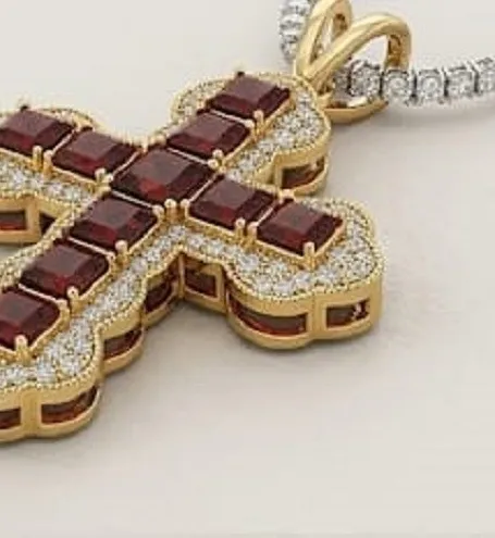 Authentic 4.5ct Asscher Cut Simulated Red Garnet/Diamond Cross Pendant Yellow Gold Plated