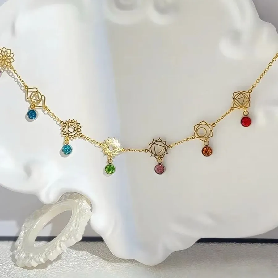 Authentic Stainless Steel 7 Chakra Necklace Choker Style Balance Charm Chakra Charm Choker Transformation Pendant Gold Color