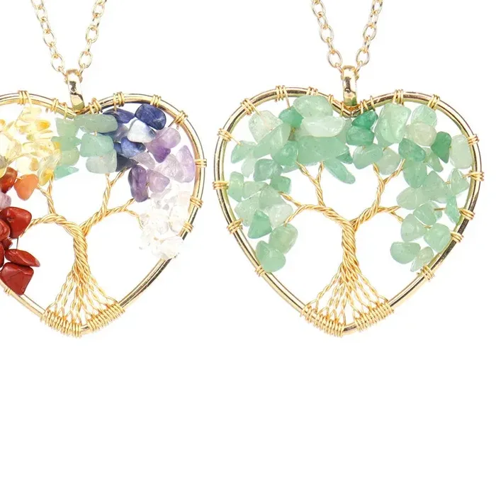 Authentic 7 Chakra Gold Tree of Life Charm Pendant Necklace Jewelry for Women Gifts Natural Stone Gravel Crystal Sweater Chain