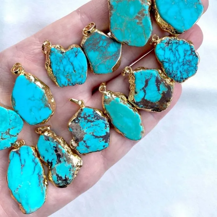 Authentic 10pcs Gold Color Blue Turquoise Stone Necklace Earring Pendant Silver Plated December Birthstone Spiritual Chakra Jewelry Charm