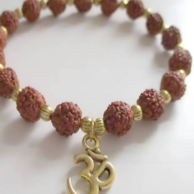 Authentic Natural Rudraksha Bead Gold Charm Yoga Bracelet Stone Gemstone Japa Sacred Tibetan Prayer elastic Yoga Chakra Bodhi Hand