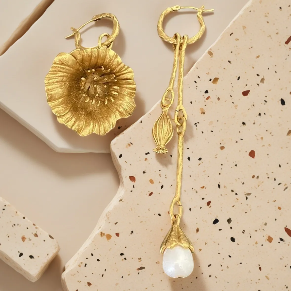 Authentic Yuri Ailey Gold Asymmetric Poppy Flower Drop Earrings Pearl Long Tassel Hoop Ear Buckle Jewelry