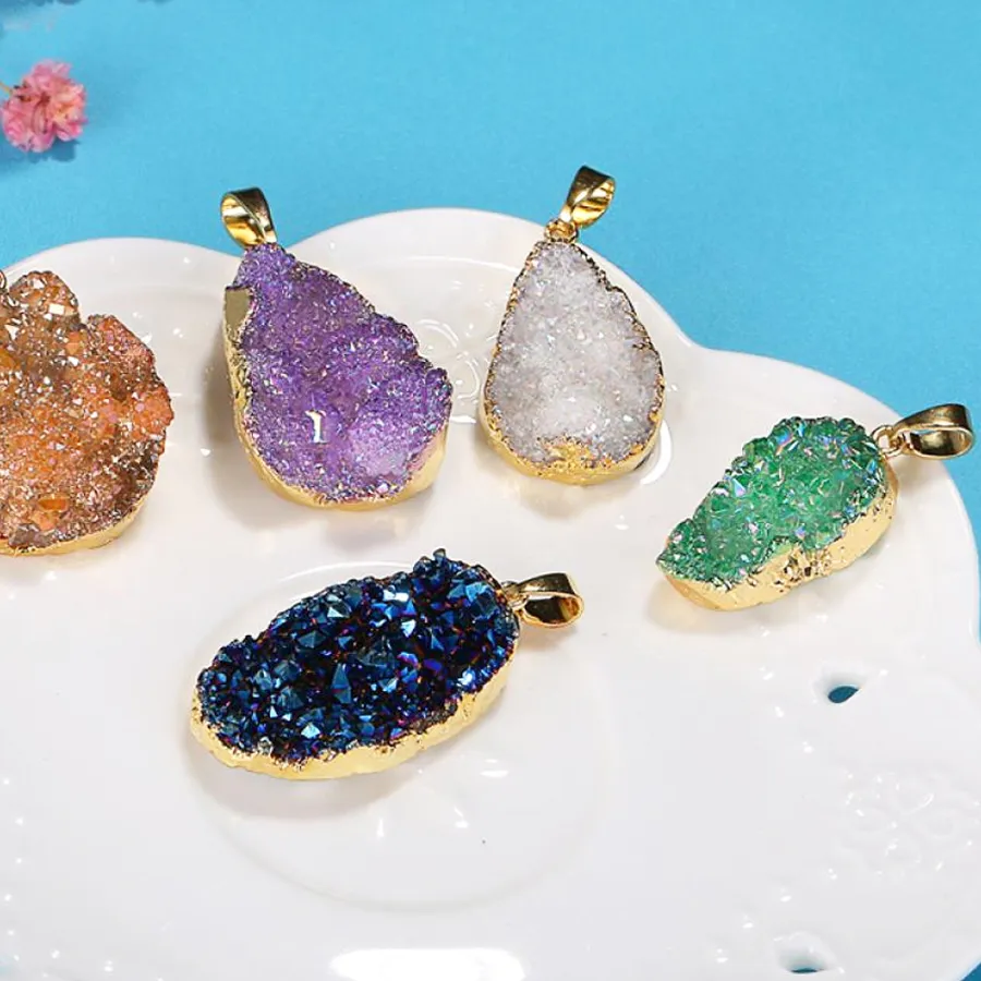 Authentic Shinygem 20-40mm Irregular Natural Sparkling Druzy Crystal Chakra Pendant Gold Plating Bezel Charm DIY Jewelry Making Necklace