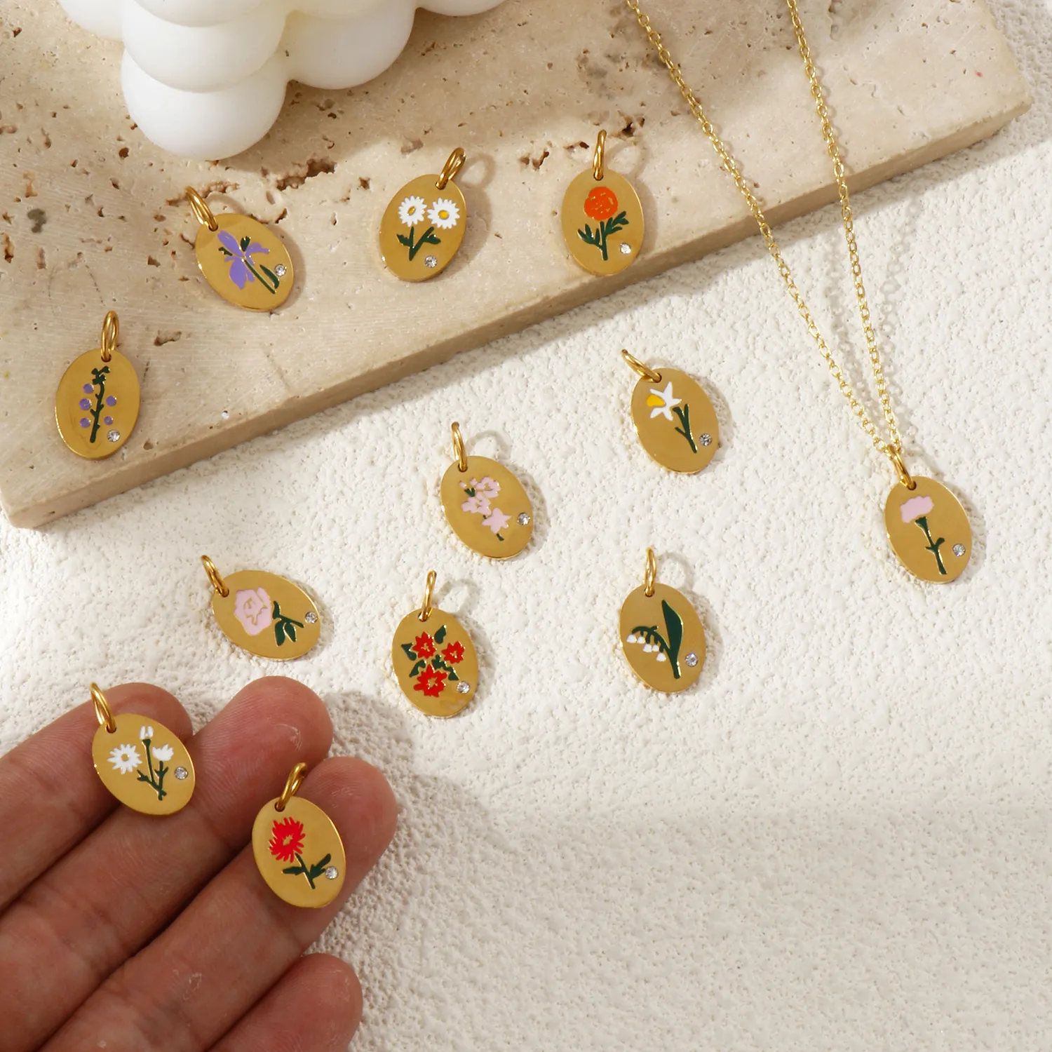 Authentic 1 304 Birth Month Flower Charms Enamel Oval Flower Clear Cubic Zirconia Pendants Diy Necklace 20Mm X 11Mm