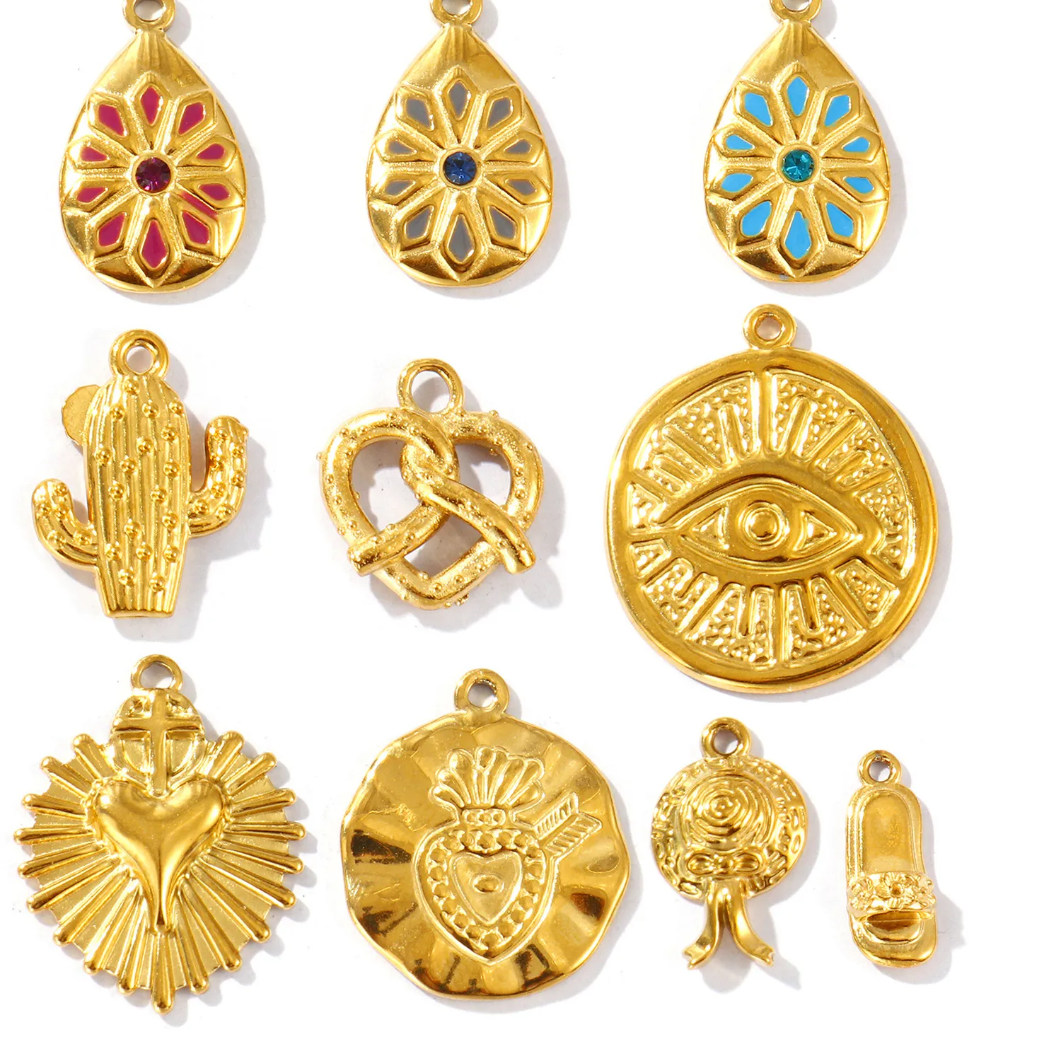 Authentic 2 304 Charms Round Eye Of God Water Droplet Slippers Cactus 18K Gold Plated Pendant For Necklace Diy Making