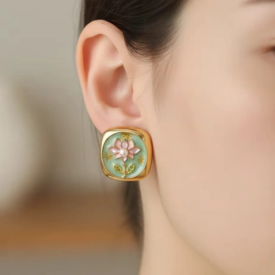 Authentic Elegant Chinese Style Gold Plated Lotus Flower Pearl Stud Earrings Enamel Jewelry
