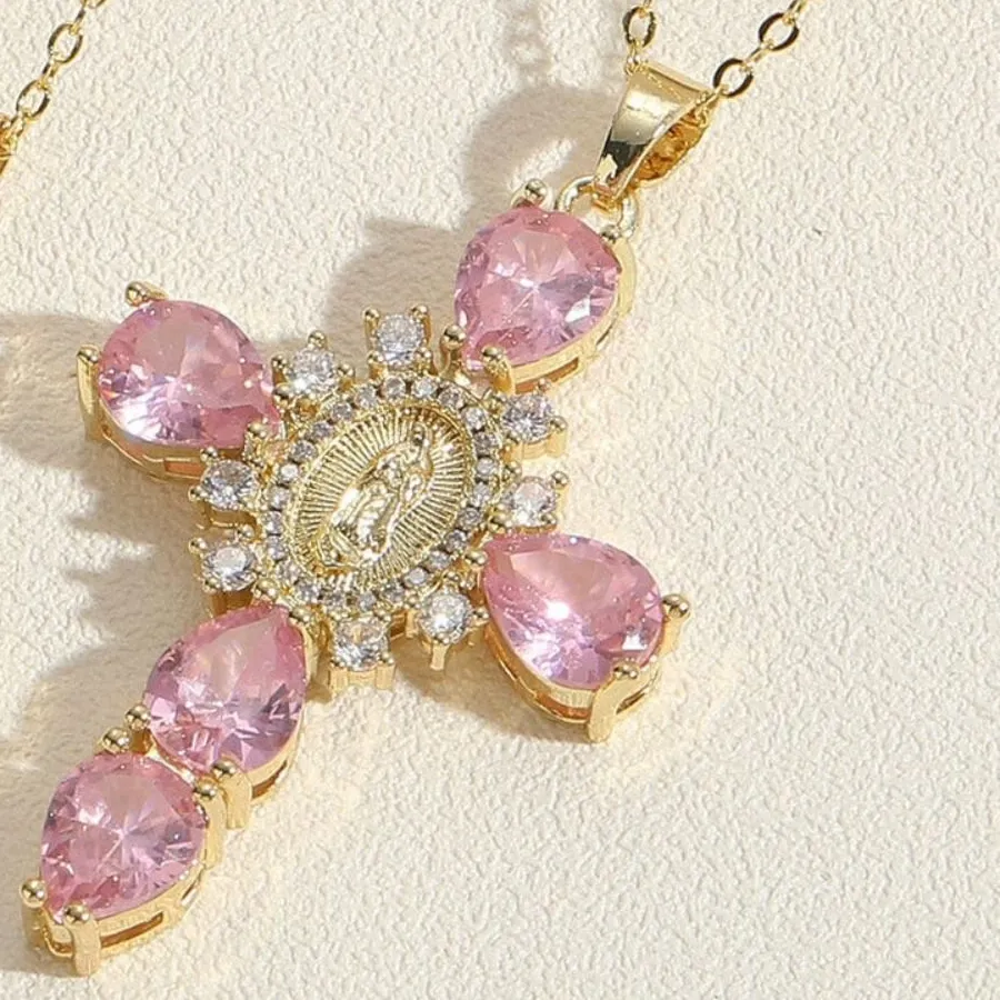 Authentic Party Accessories Zircon Cross Pendant Gold Color Valentine's Day O Chain Necklace Jewelry Simple Statement