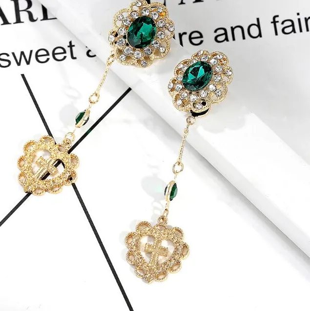 Authentic GRACE JUN Gold Color Stone Rhienstone long Cross Clip on Earrings for Women Popular Without Pierced Earrings Charm Jewelry