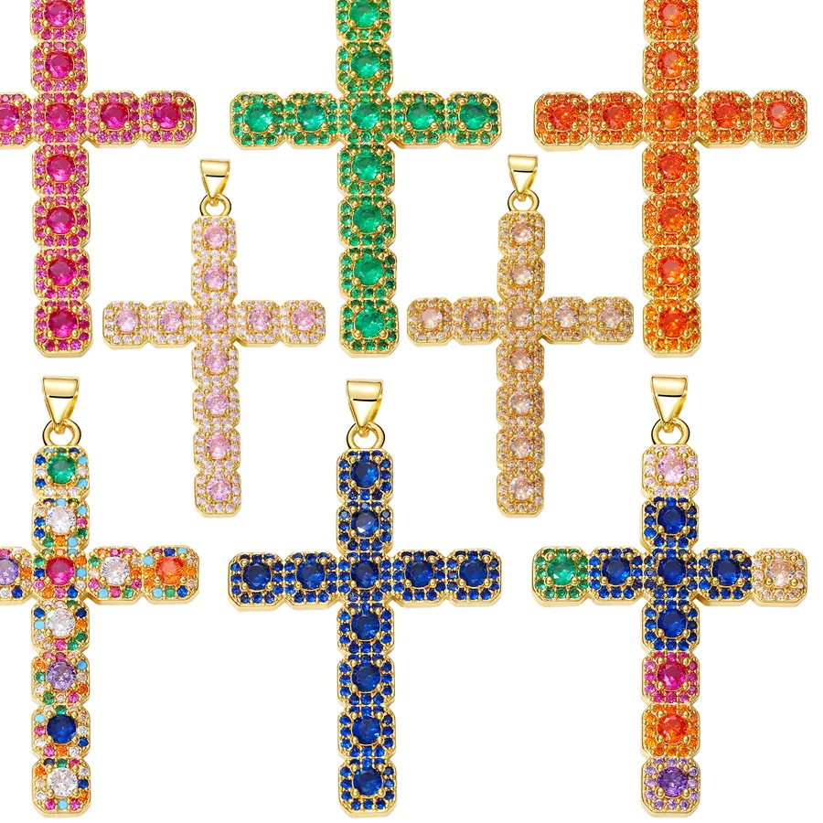 Authentic Juya DIY Religious Jewelry Supplies Handmade Colorful Cubic Zirconia 18K Real Gold Plated Saint Christian Cross Charms Wholesale