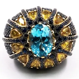 Authentic Celestial Convergence Sky Blue Topaz and Sapphire Golden Talisman Ring