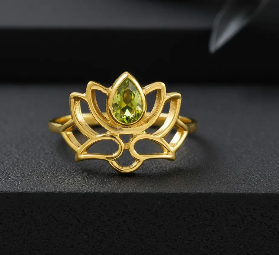Authentic Natural Peridot Lotus Flower Ring Gold Plated Handmade Boho Gemstone Jewelry