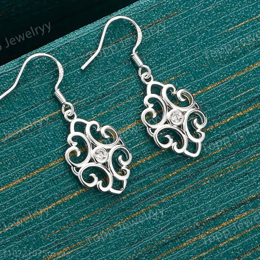 Authentic 925 Sterling Silver Exquisite Geometric Openwork Zirconia Earrings, Fashionable Jewelry