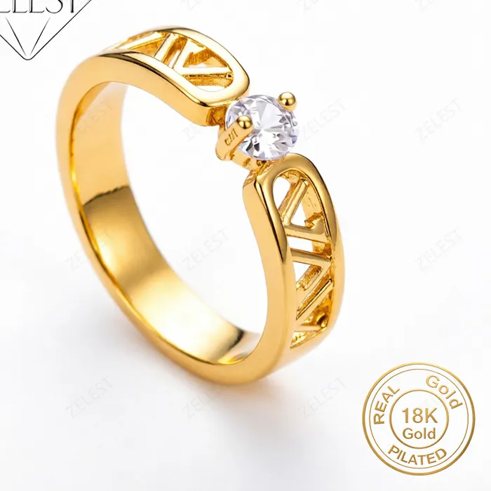 Authentic 925 Sterling Silver 18K Gold Plated Delicate Numerical Openwork Zirconia Ring, Accessories Jewelry