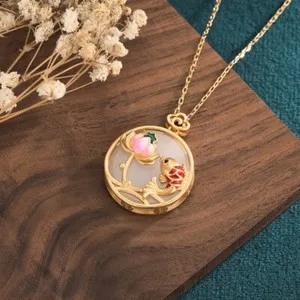 Authentic Natural Jade Lotus Pendant Necklace Designer 18K Gold Plated Real Jewelry