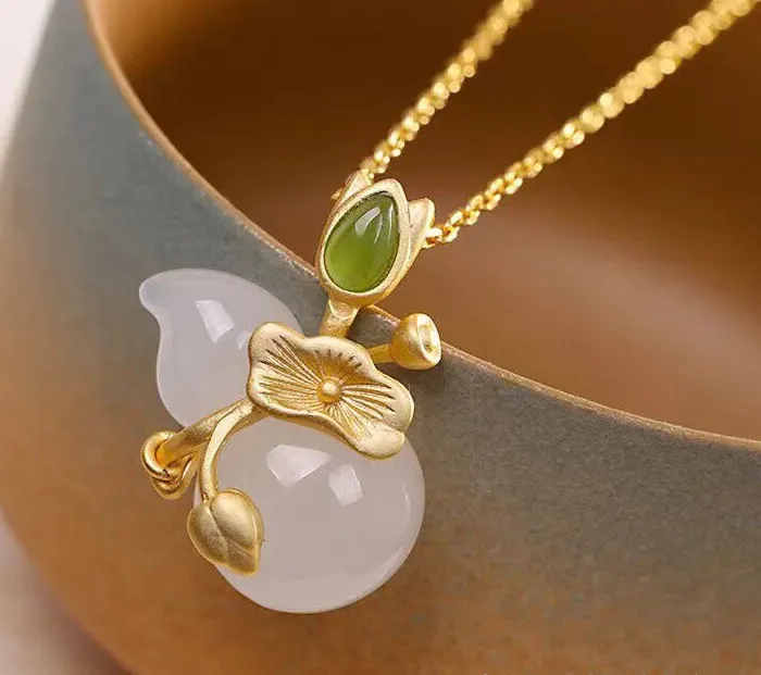 Authentic Sacred Prosperity Gourd Talisman - 18K Gold Plated White Jade Lotus Pendant