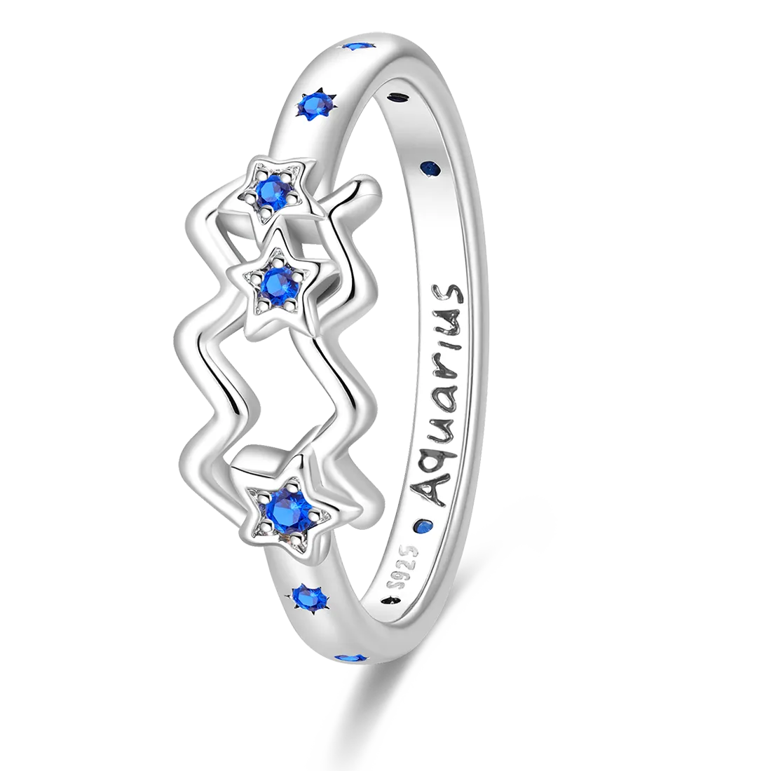 Authentic Aquarius Zodiac Ring Original 925 Silver Valentine's Fine Jewelry Wave Star Blue Crystal Daily Dating Design