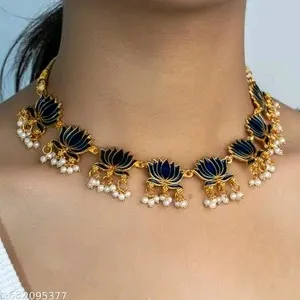 Authentic Lotus Design Bollywood Gold Plated Choker Necklace Earring Fancy Jewelry