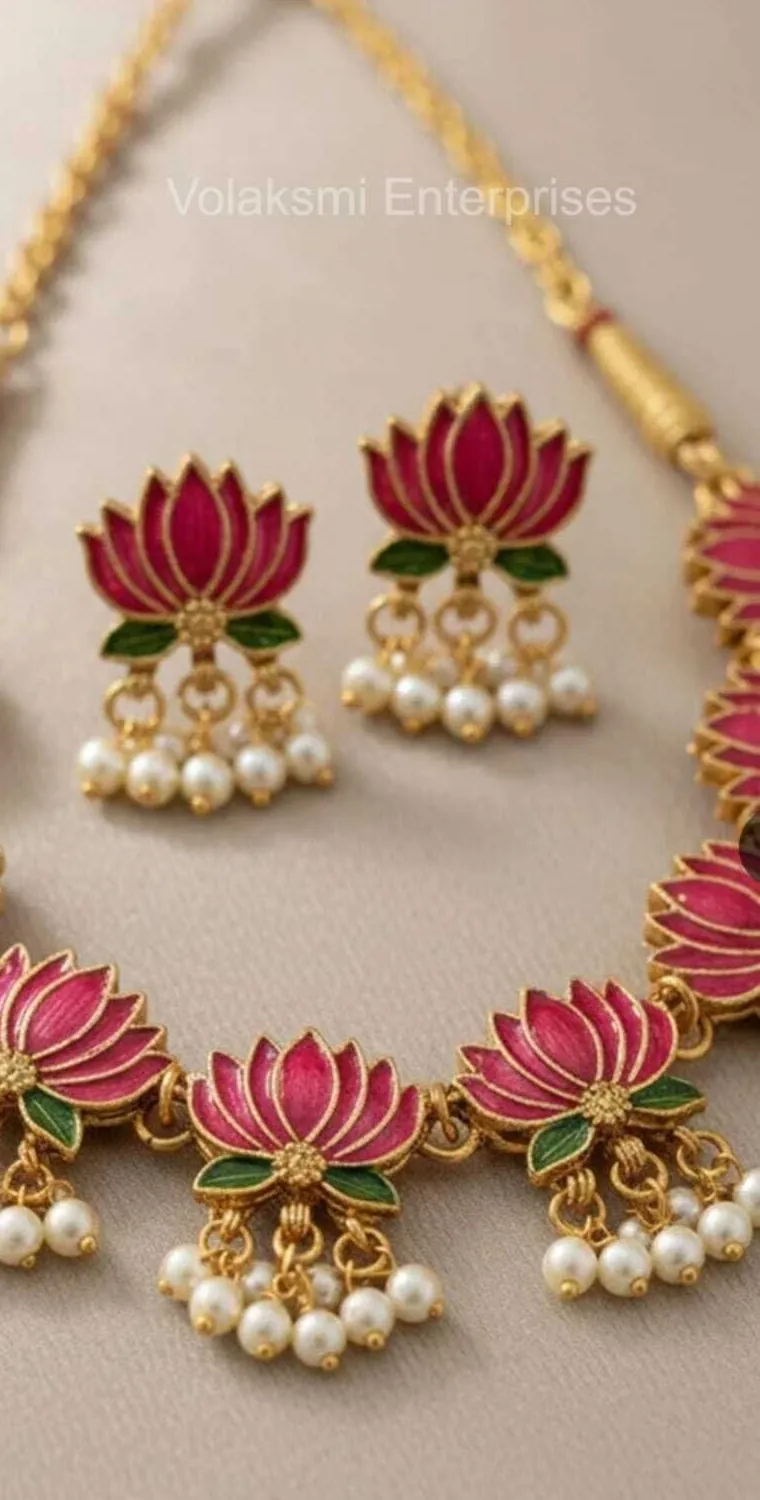 Authentic Pink Lotus Necklace Set Gold Plated, Floral Temple Jewelry with Pearls