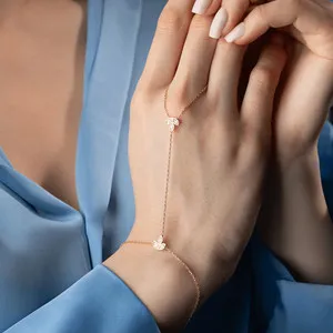 Authentic Silver Handlet Gemstone Lotus Bracelet with Chain Ring