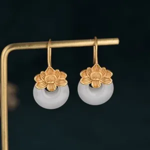 Authentic Chinese Style Women Gold Plated Lotus Hetian Jade Retro Earrings