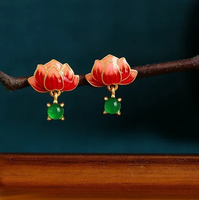Authentic Mystic Lotus Bloom - Green Chalcedony Earrings with Enamelled Lotus Charm