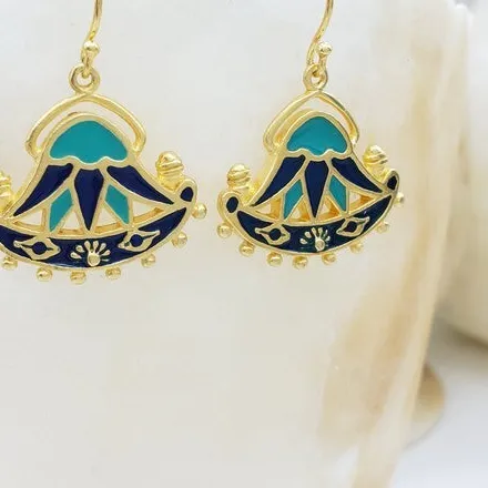 Authentic Enamel Lotus Earrings Gold Plated Egyptian in Aqua and Royal Blue