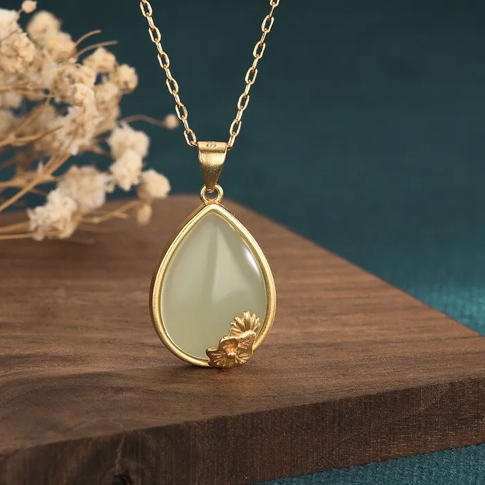 Authentic Sacred Lotus Bloom: 18K Gold Plated Jade Pendant of Spiritual Awakening