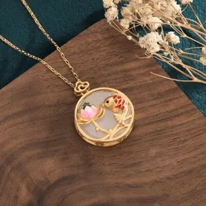 Authentic Natural Jade Lotus Pendant Necklace 18K Gold Plated Real Jewelry Vintage