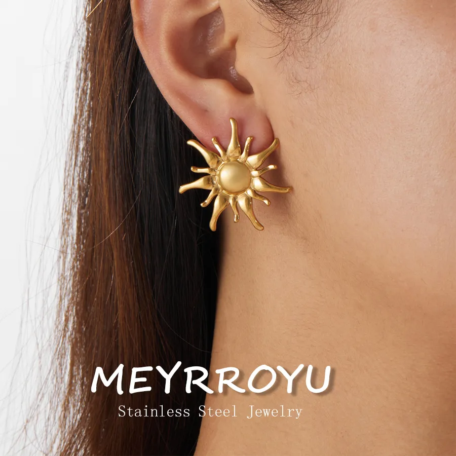 Authentic Meyrroyu 316L Golden Irregular Sun Rays Earrings Trend Classic Waterproof Earrings Jewelry Gif