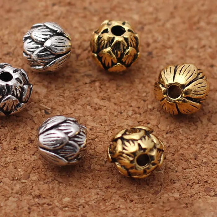 Authentic 10pcs/lot Vintage Tibetan Silver Gold  Color Lotus Charm Beads 10mm Handmade Zinc Alloy Beaded Spacer Fit Bracelets DIY Jewelry