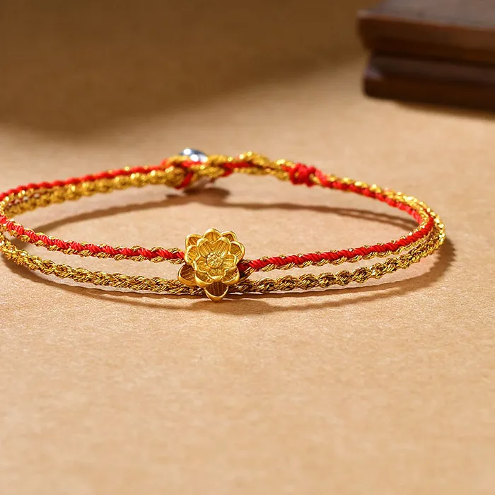 Authentic Hand-woven LuckY Lotus Red Rope Charming Bracelet Hand With Female Year Gold-plated Lotus Rope INS Style Niche Design Accessory