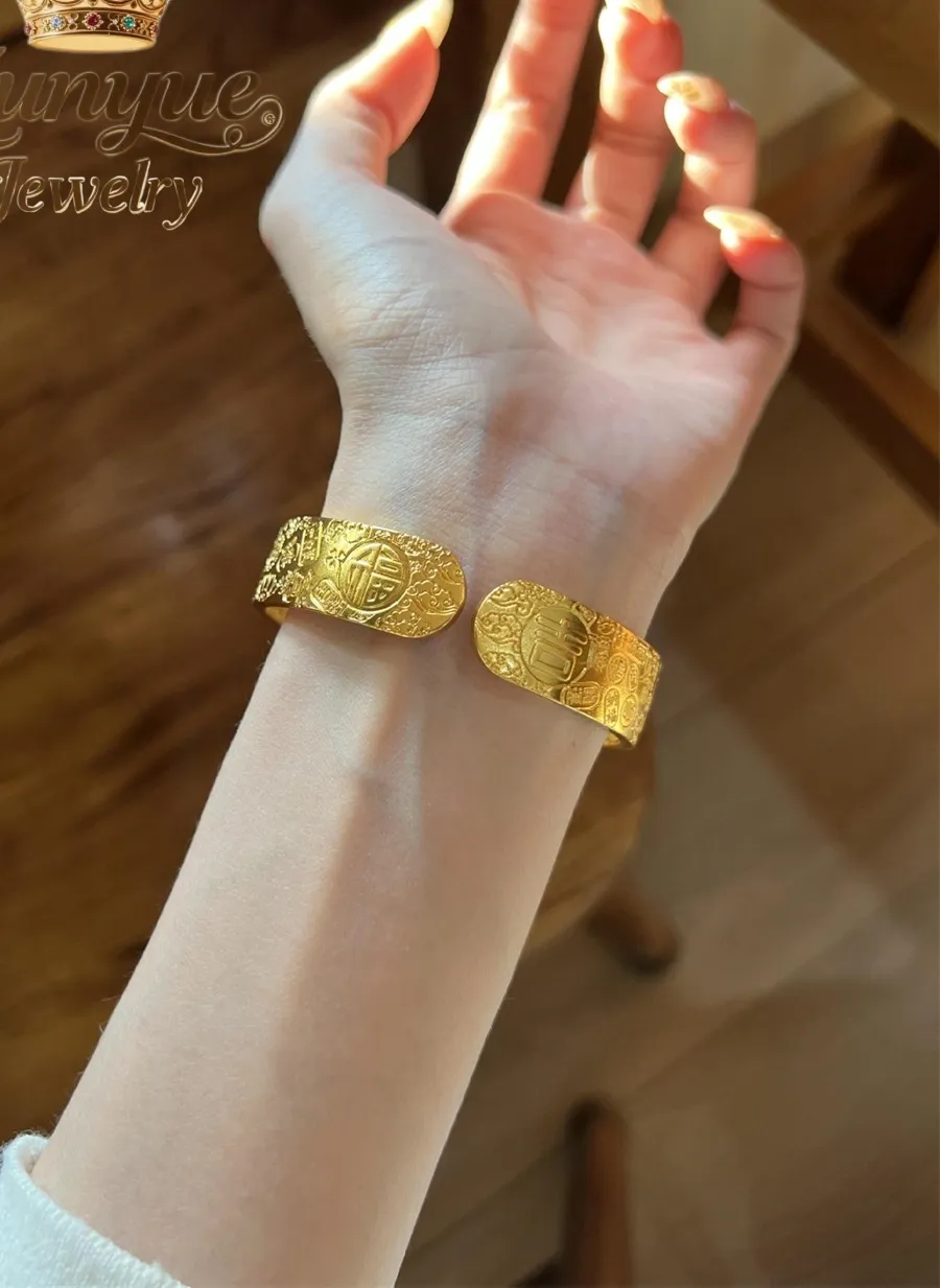 Authentic Sand Gold Jewelry Ancient Method Chisel Lotus Auspicious Words Bracelet Blessing Word Opening Bracelet Luxury Charms Exquisite