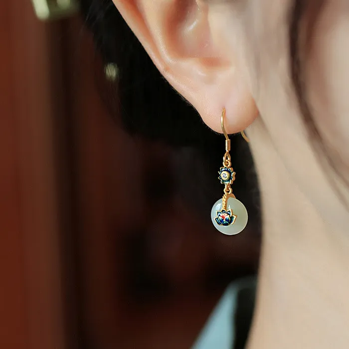 Authentic LIVVY Gold Color  Retro Crystal Stone Lotus Pendant Earrings For Women Chinese Style Unique Fashion Luxury Charm Jewelry